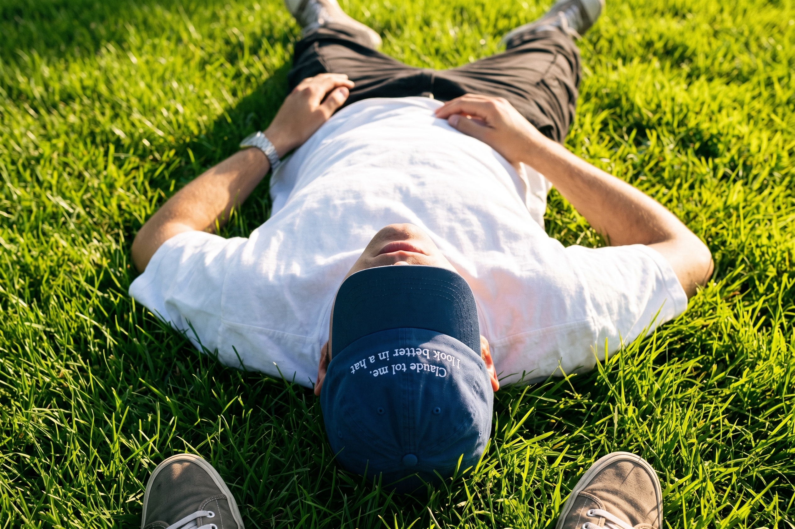 Nano Banana result: person lying on their back in grass wearing a navy cap that reads Claude told me I look better in a hat